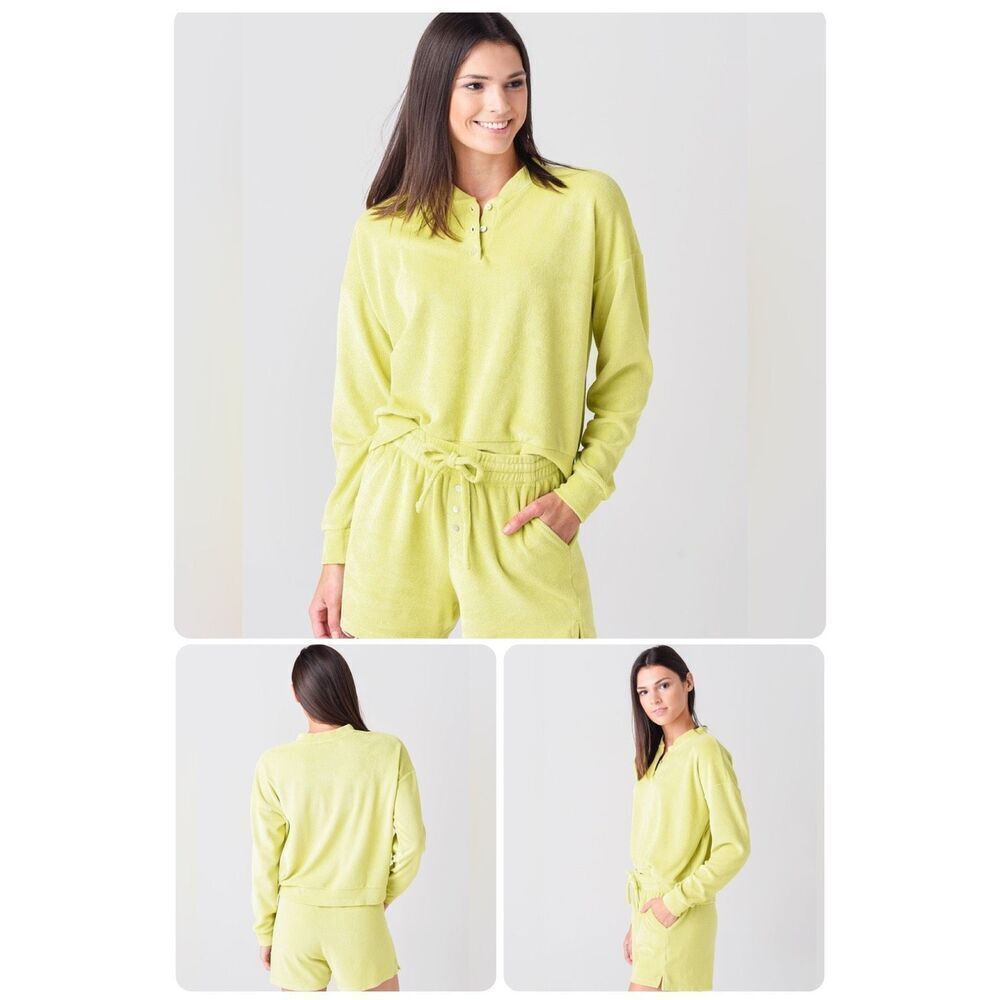 NWT! DONNI. Women's Terry Henley Sweatshirt - yellow - XS